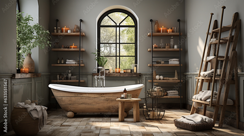 modern bathroom with bath, interior design and wooden bathtub with bathtub.