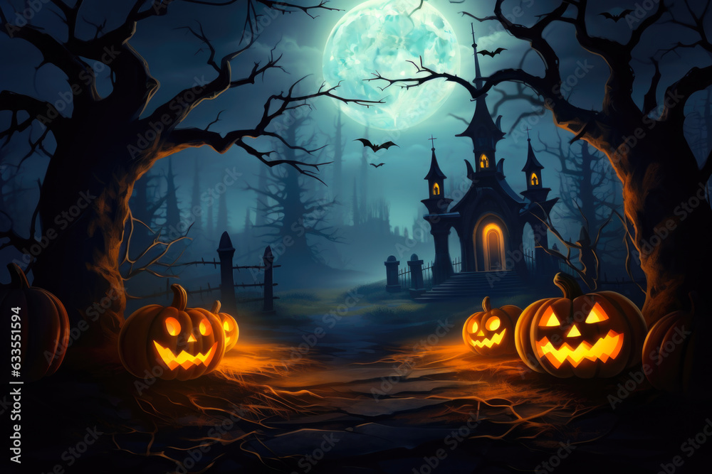 Halloween background with pumpkin and bats, moon