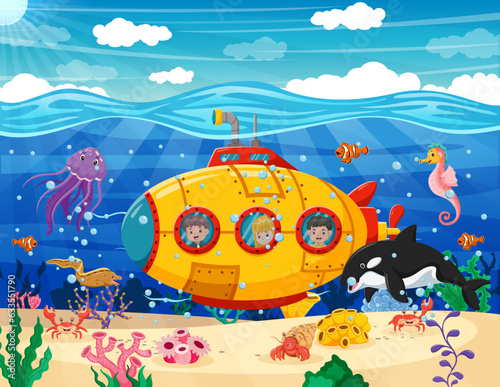 Cartoon Submarine Under The Sea. Small inquisitive children on bathyscaphe explore underwater world. Vector illustration