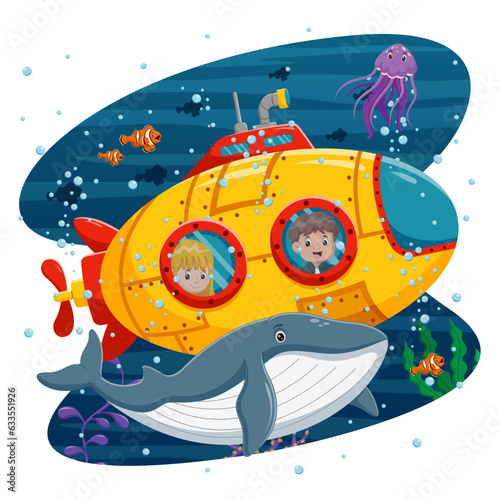 Cartoon Submarine Under The Sea. Small inquisitive children on bathyscaphe explore underwater world. Vector illustration