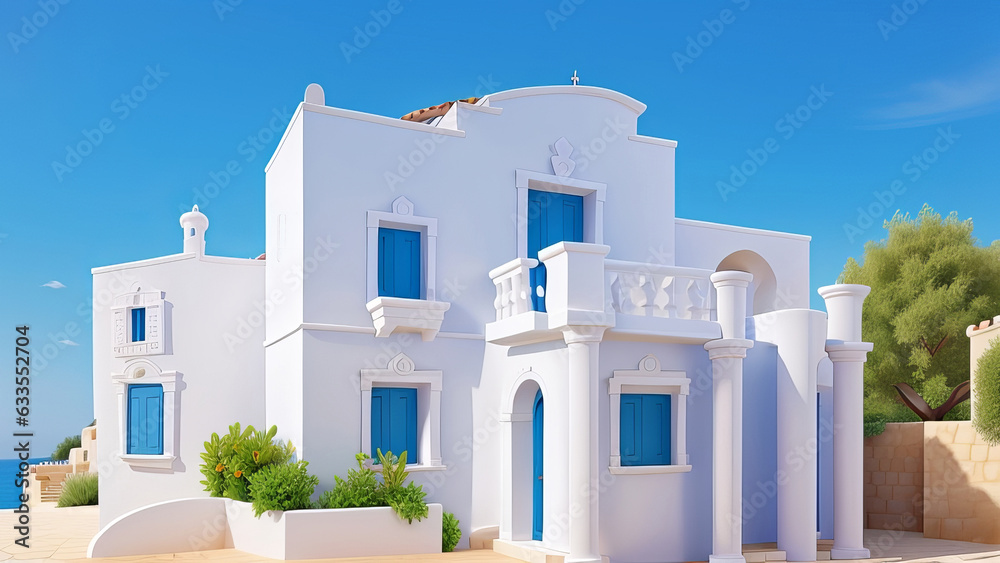 Capturing the Charm of a Traditional Mediterranean White House Against a Summer Blue Sky. Generative AI.