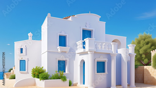 Capturing the Charm of a Traditional Mediterranean White House Against a Summer Blue Sky. Generative AI.