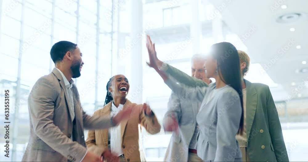 Business people, high five and applause for teamwork, support and collaboration or goals, success and celebration. Circle, hands together and mission with happy group and men and women for motivation
