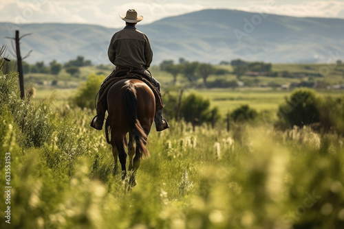 Cowboy on horseback, riding through a lush grassland - Generative AI