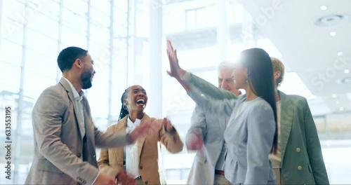 Business people, high five and applause for teamwork, support and collaboration or goals, success and celebration. Circle, hands together and mission with happy group and men and women for motivation photo