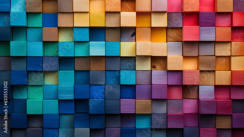 Colorful background of wooden blocks. A Spectrum of multi colored wooden blocks aligned. 
