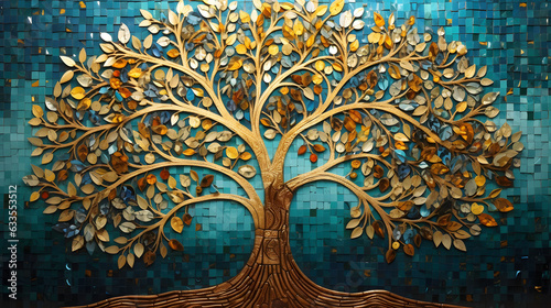 Colorful mosaic tree of life artwork . Small golden and turquoise mosaic tiles pattern forming a Tree of Life background.
