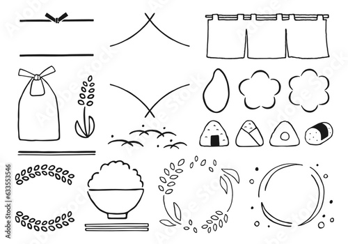ごはん・お米にまつわる手描きフレームセット（モノクロ/文字なし）