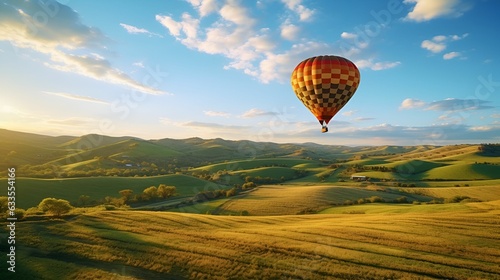 Blissful hot air balloon ride over rolling hills.