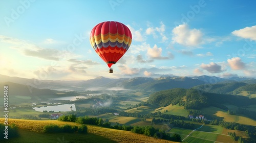 Blissful hot air balloon ride over rolling hills.