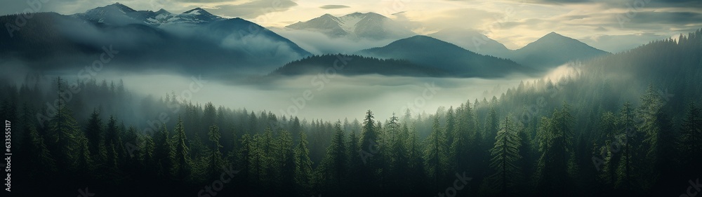 Beautiful matinee misty forest in the rays of the rising sun. High quality illustration