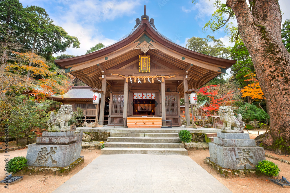 Fukuoka, Japan - Nov 30 2022: Homangu Kamado shrine located at Mt. Homan, venerated from ancient times as a sacred mountain, the shrine probably the inspiration for Kimetsu no Yaiba: Demon Slayer Fukuoka, Japan - Nov 30 2022: Homangu Kamado shrine located at Mt. Homan, venerated from ancient times as a sacred mountain, the shrine probably the inspiration for Kimetsu no Yaiba: Demon Slayer