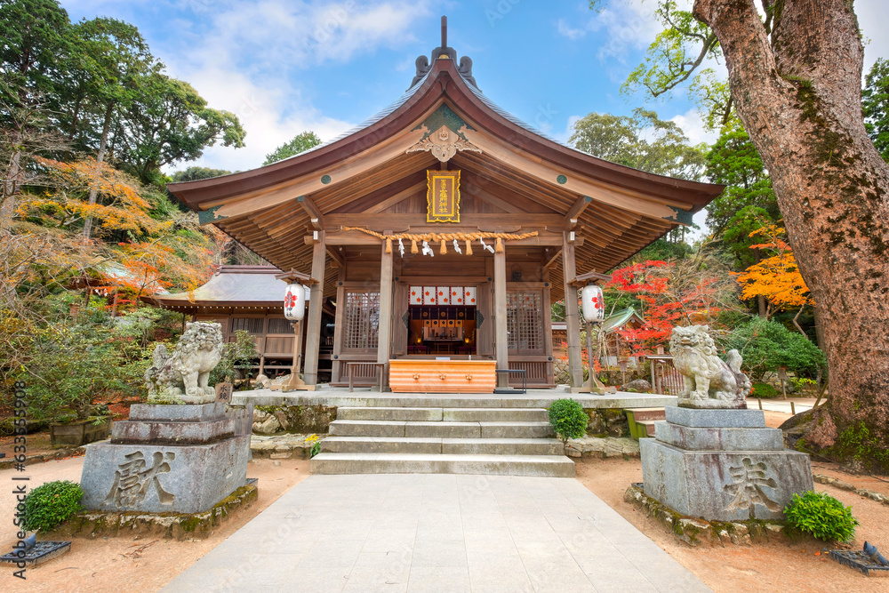 Fukuoka, Japan - Nov 30 2022: Homangu Kamado shrine located at Mt. Homan, venerated from ancient times as a sacred mountain, the shrine probably the inspiration for Kimetsu no Yaiba: Demon Slayer