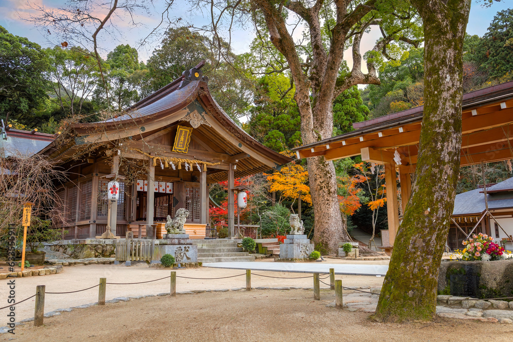 Fukuoka, Japan - Nov 30 2022: Homangu Kamado shrine located at Mt. Homan, venerated from ancient times as a sacred mountain, the shrine probably the inspiration for Kimetsu no Yaiba: Demon Slayer