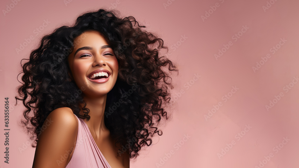 Naklejka premium Beautiful afro-american girl with curly long hair, Treatment, care and spa procedures.