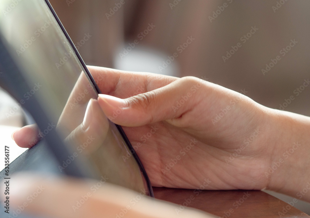 Close up finger, working on computer screen. Study or work online Concept.
