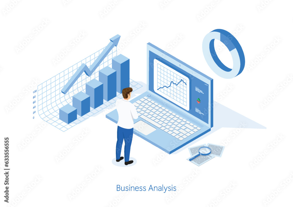 Isometric business man working for data analytics and monitoring on web report dashboard monitor and business finance. illustrator vector Isometric business man working for data analytics and monitoring on web report dashboard monitor and business finance. illustrator vector