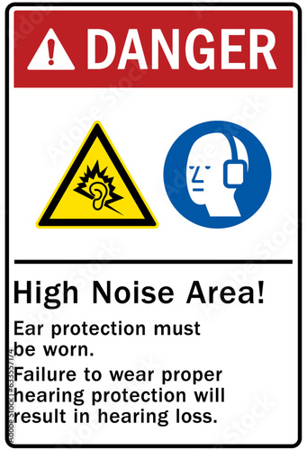 High noise area warning sign and labels ear protection must be worn. Failure to wear proper hearing protection will result in hearing loss
