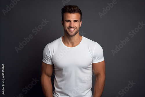 Portrait of young smiling man standing against gray dark studio background. Handsome hispanic man in white t-shirt looking at camera and cool smile on face, copy space.