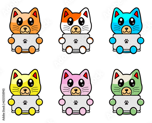 cute colourful cat playing laptop icon