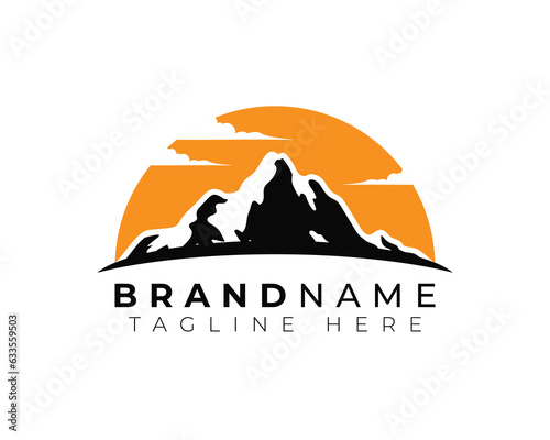 simple flat monochrome modern minimalist logo of mountain outdoor exploration activities with pine trees and yellow sun sky