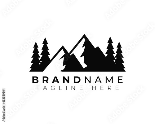 simple flat monochrome modern minimalist logo of mountain outdoor exploration activities.