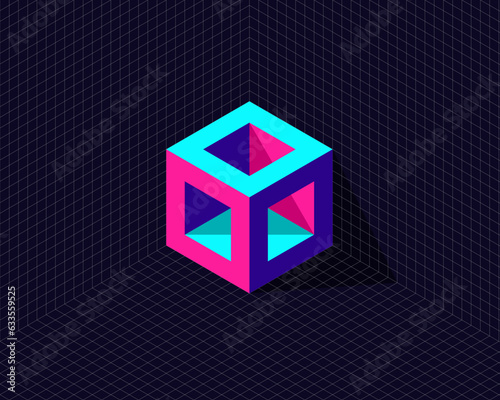 grid background with 3d neon isometric hexagon cube transformation to box frame structure
