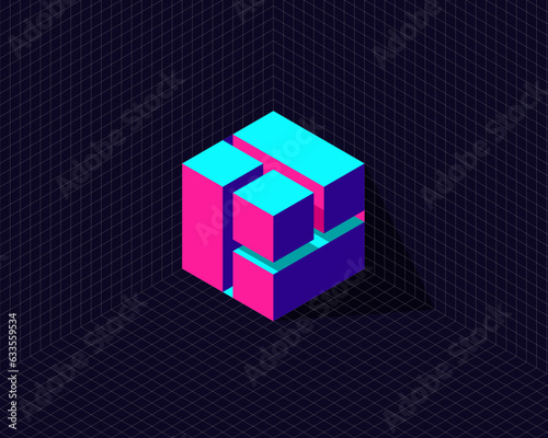 grid background with 3d neon isometric hexagon cube transformation to interconnected puzzle box