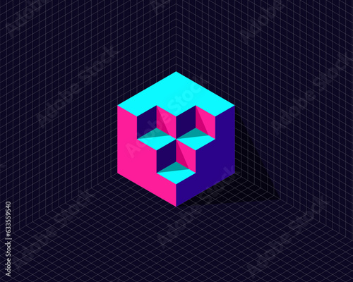 grid background with 3d neon isometric hexagon cube transformation to unique shape cut fill taken apart