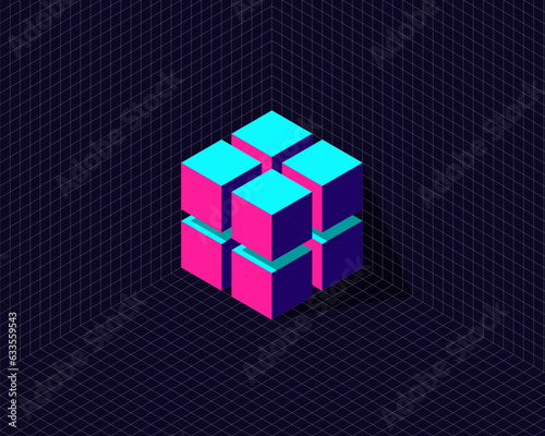 grid background with 3d neon isometric hexagon cube transformation to interconnected puzzle box