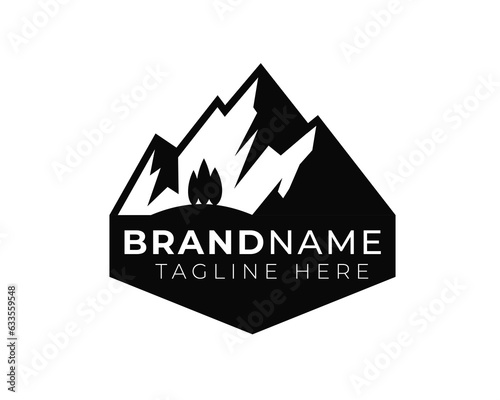 simple flat monochrome modern minimalist logo of mountain outdoor exploration activities.