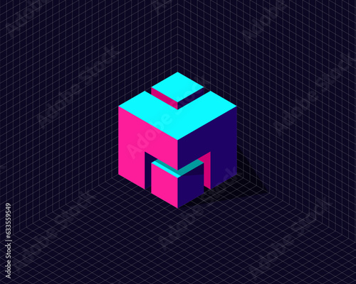 grid background with 3d neon isometric hexagon cube transformation to initial letter M W I O