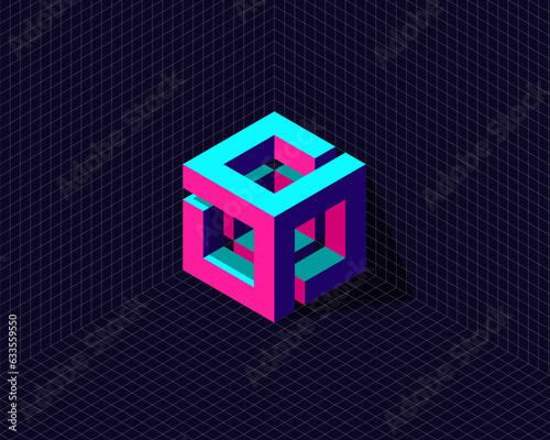 grid background with 3d neon isometric hexagon cube transformation to anagram initial letter S P O C