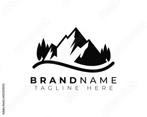 simple flat monochrome modern minimalist logo of mountain outdoor exploration activities with pine trees and river road