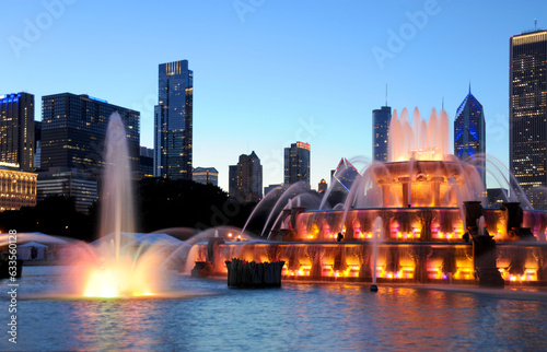 At nightfall in the summer, a beloved Chicago Fountain is especially lovely.