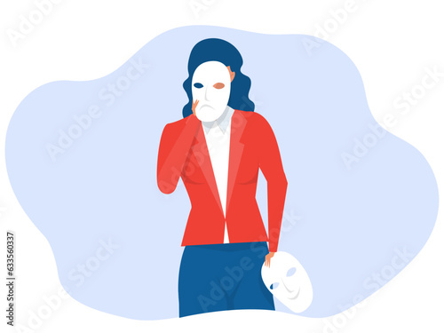 Imposter syndrome; masks with happy or sad expressions.Bipolar disorder; fake faces and emotions. Psychology; false behavior or deceiver.vector illustrator