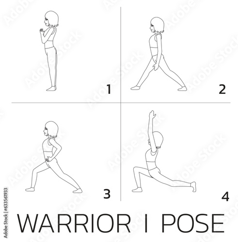 Warrior I Pose Yoga Manga Tutorial How Cartoon Vector Illustration Black and White Coloring