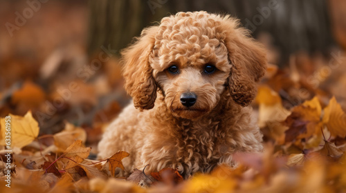 Poodle puppy in autumn leaves