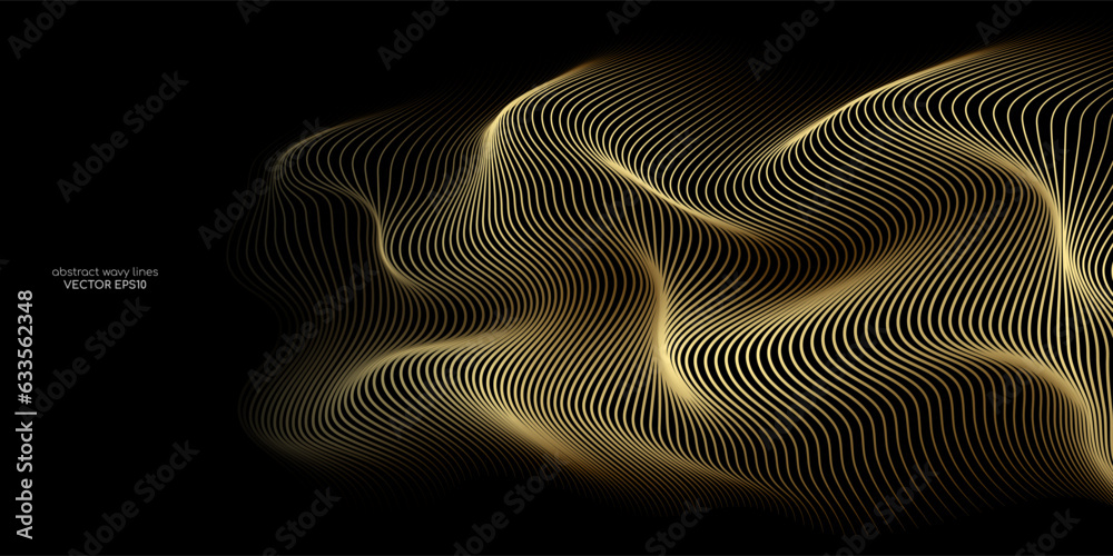 3D Vector wave lines pattern smooth curve flowing dynamic gold gradient light isolated on black background for concept of luxury, technology, digital, communication, science, music.