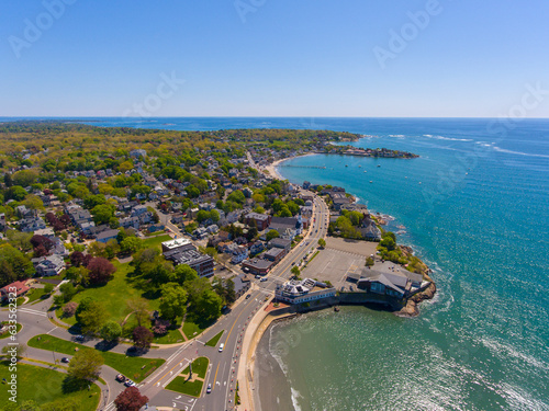 Swampscott town center aerial view on Monument Square with Kings Beach in town of Swampscott near Boston, Massachusetts MA, USA.  photo