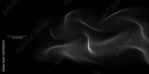 Flowing dots particles wave pattern white light isolated on black background. Vector in concept of technology, science, music, modern.