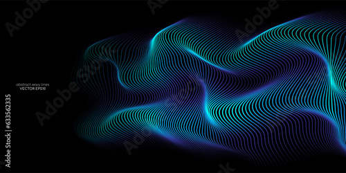 3D Vector wave lines pattern smooth curve flowing dynamic blue green gradient light isolated on black background for concept technology, digital, communication, science, music.
