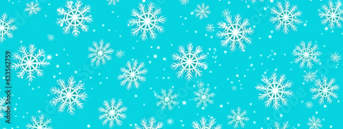 abstract winter christmas background of levitating snowflakes on light blue background, banner festive design created with generative ai technology