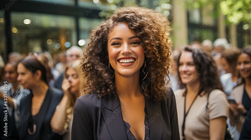 Smiling successful colored woman in a business gathering, generative ai Smiling successful colored woman in a business gathering, generative ai