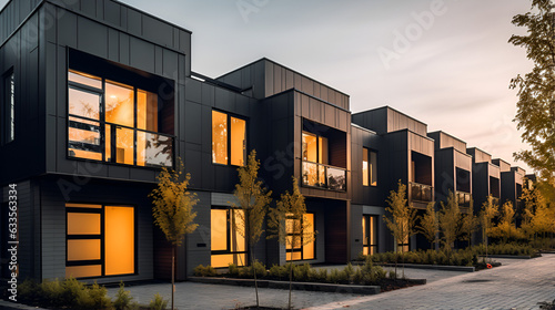 Modern modular private black townhouses. Residential architecture exterior. Created with generative Ai
