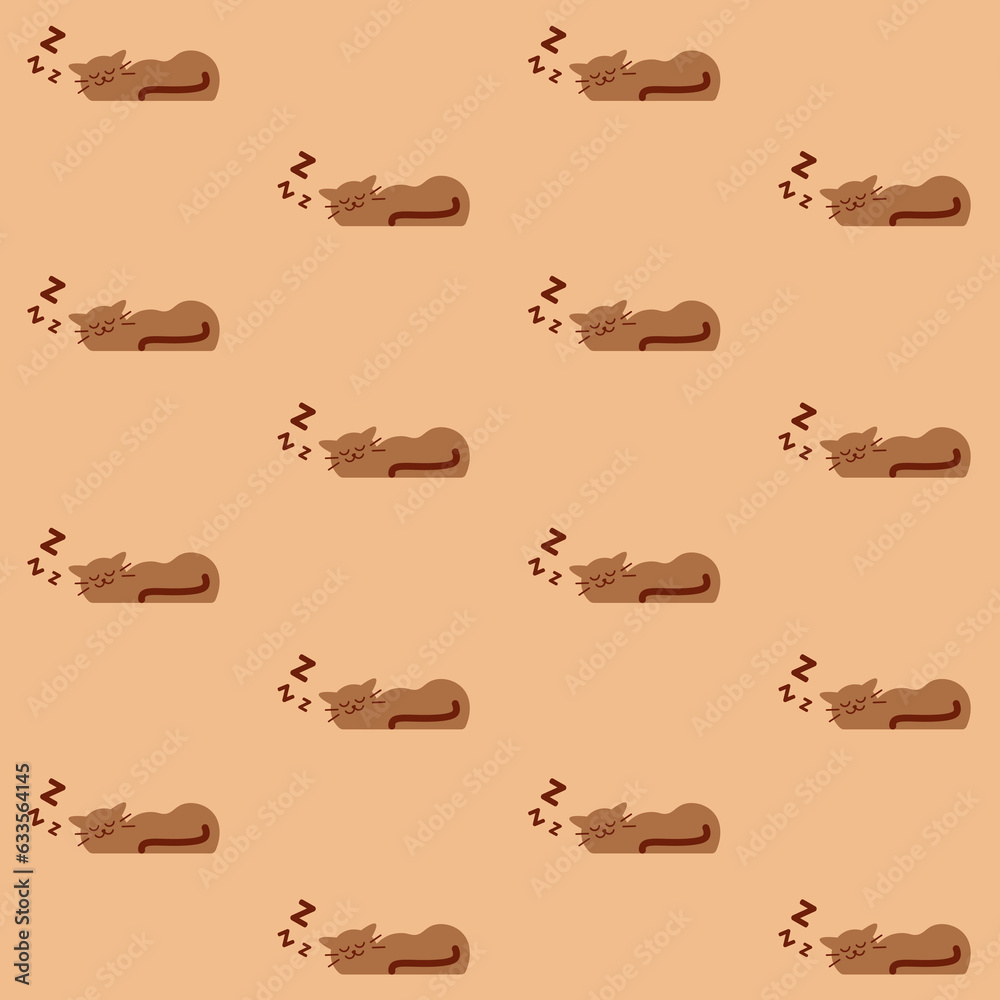 Cute Brown Cat Sleeping Vector Seamless Pattern