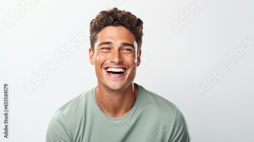 Handsome young man with perfect clean teeth laughing and smiling isolated on white background.