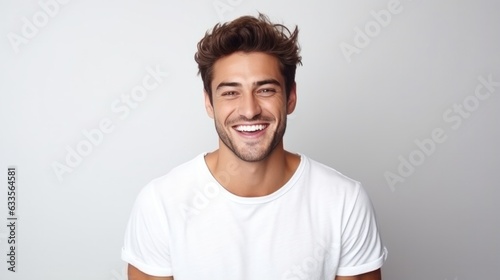 Handsome young man with perfect clean teeth laughing and smiling isolated on white background.