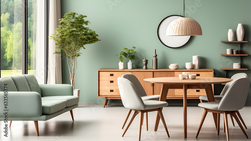 Chairs at round wooden dining table in room with sofa and cabinet near green wall. Scandinavian, mid-century home interior design of modern living room. , Generated ai
