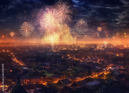 Illustration of Fireworks at Night. Stars of the fireworks are on a dark blue sky. Fireworks festival in the capital city. Generative AI.